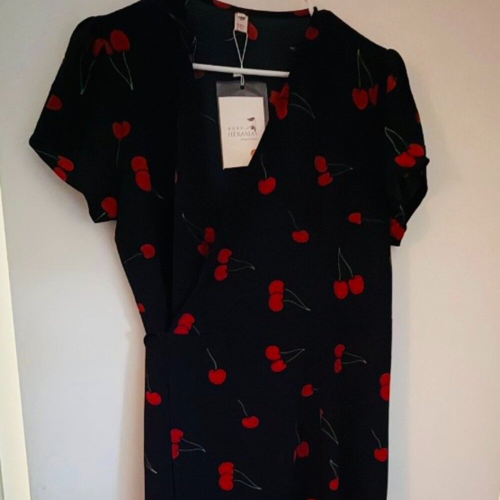 Navy Faux Wrap Dress with Cherry Print XXL NWT